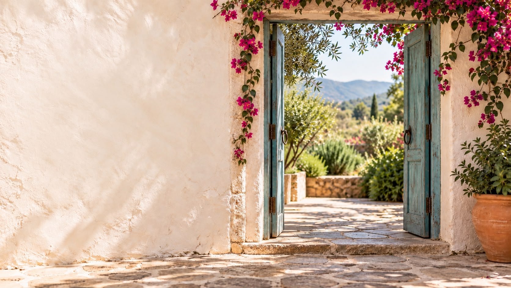 Open blue doors framed by pink bougainvillea flowers lead to a sun-drenched terrace with mountain views