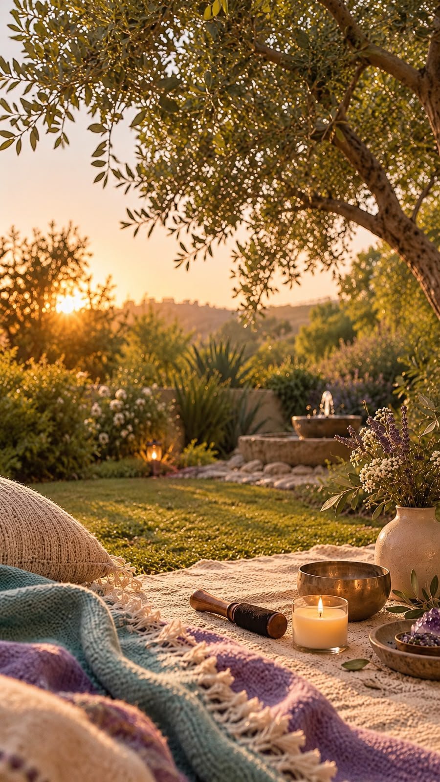 Sunset garden patio with lit candle, cushions, and Mediterranean plants under olive tree branches