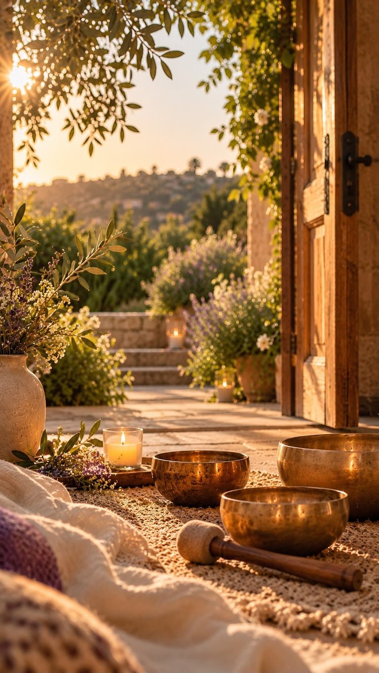 Golden singing bowls and candle arranged on sand in a Mediterranean courtyard at sunset, with lavender and olive trees visible through an open wooden door