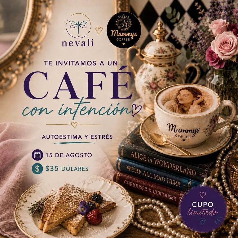 Elegant cafe event poster featuring a teacup with pastry, roses, and event details in Spanish for August 15th