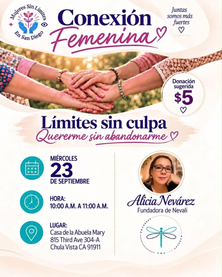 Flyer for Conexion Femenina event on September 23 at Casa de la Abuela Mary featuring womens hands together and Alicia Nevárez, founder of Nevali