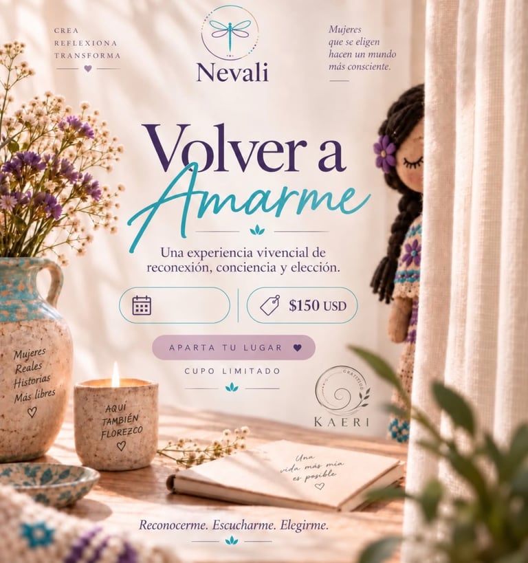 Spiritual wellness event poster for Volver a Amarme retreat featuring candles, dried flowers, and meditation imagery with pricing and booking information