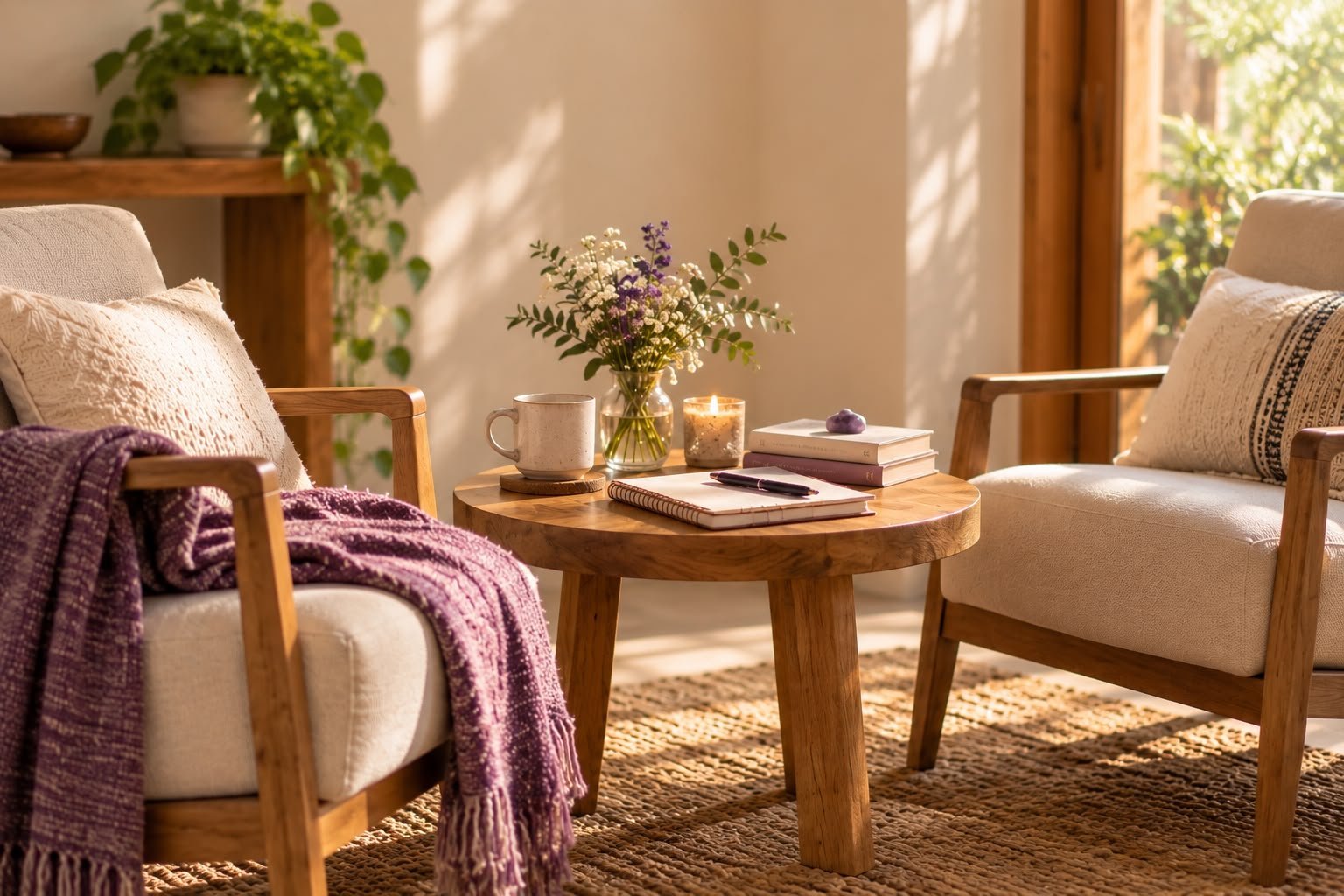 Sala de estar acogedora con dos sillas de madera, manta morada, flores y luz natural
