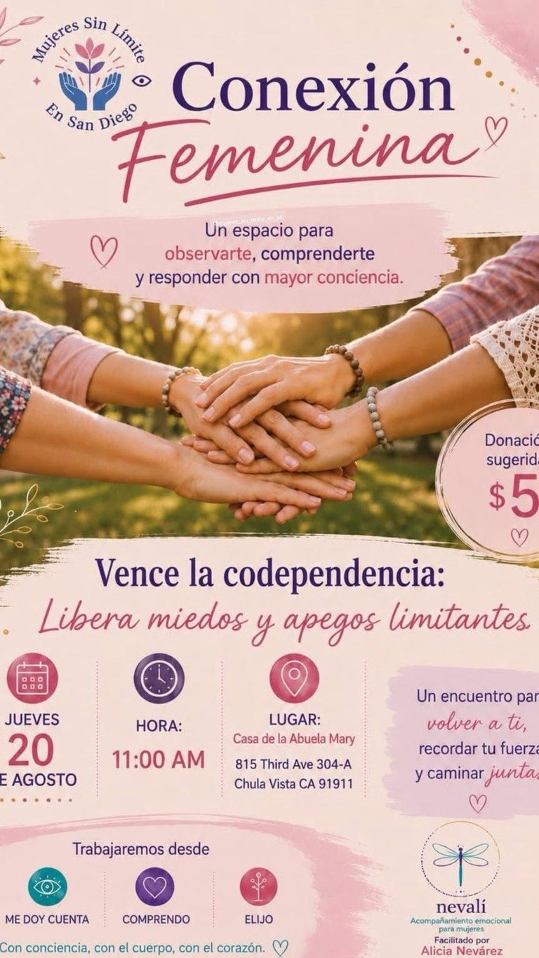 Spanish-language poster for Conexion Femenina womens community event showing hands together in unity with details about date, time, location and $5 suggested donation
