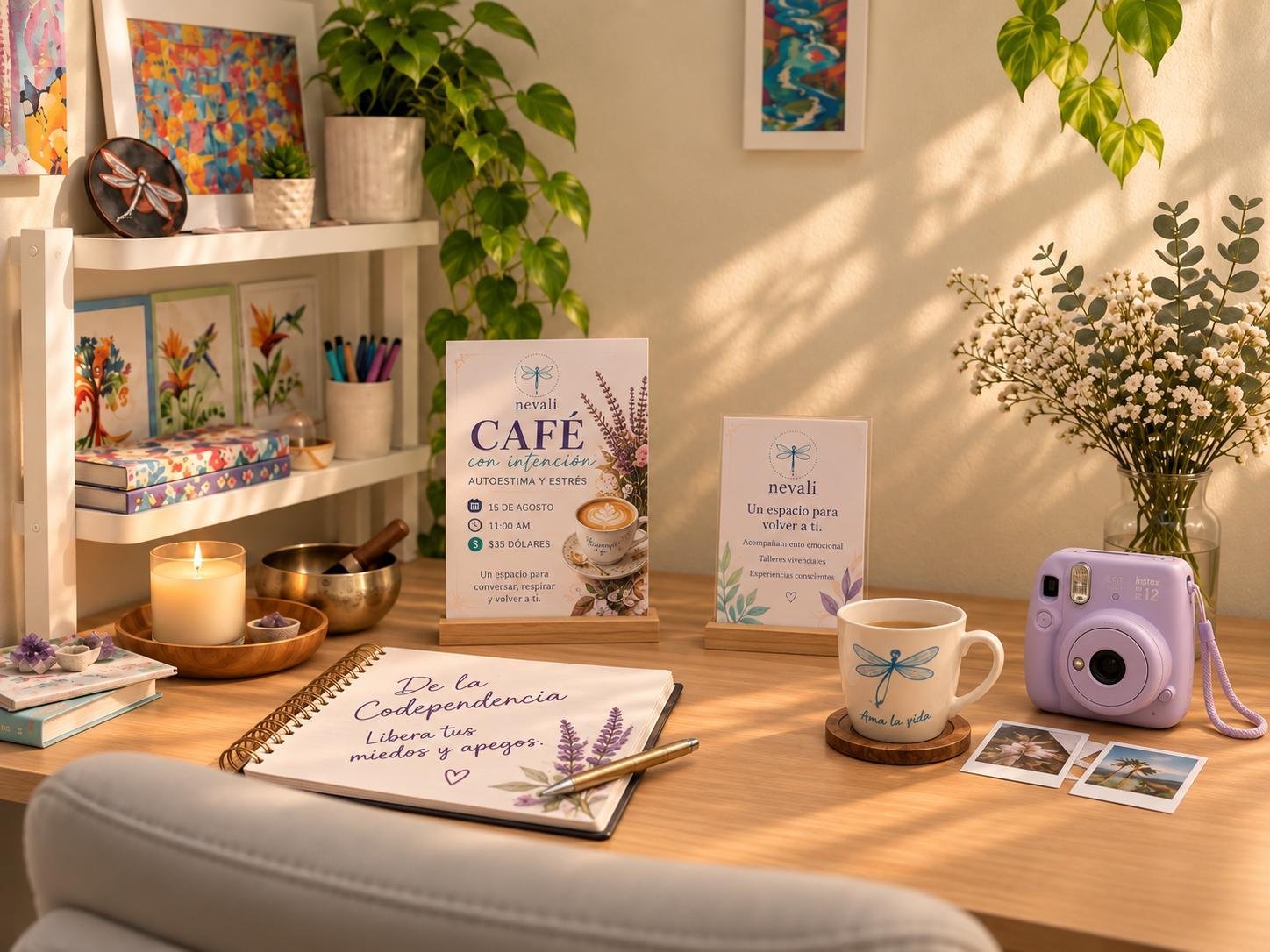 Cozy home workspace with café signage, notebook, instant camera, coffee mug, and potted plants on wooden desk with shelving behind