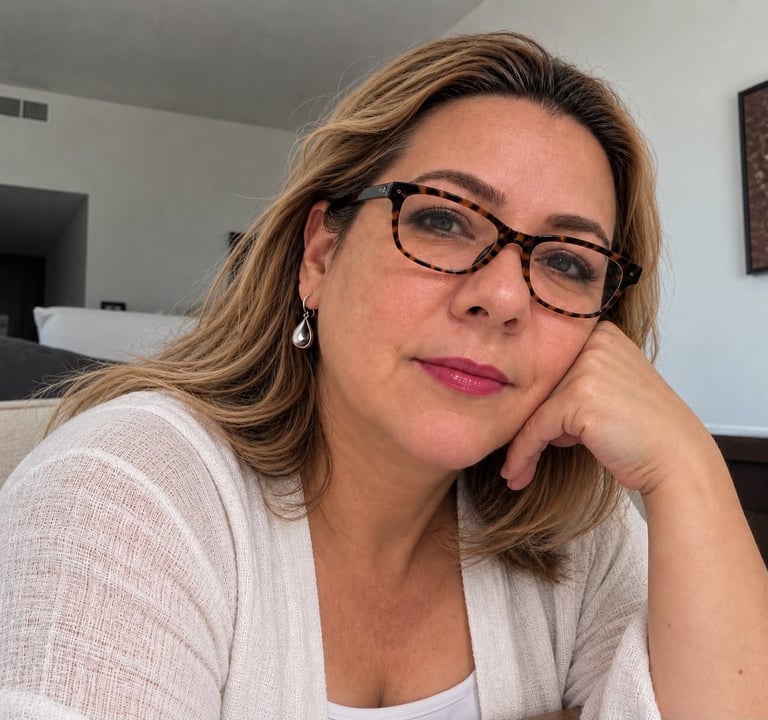 Woman with shoulder-length brown hair wearing glasses and white cardigan, resting chin on hand in indoor setting
