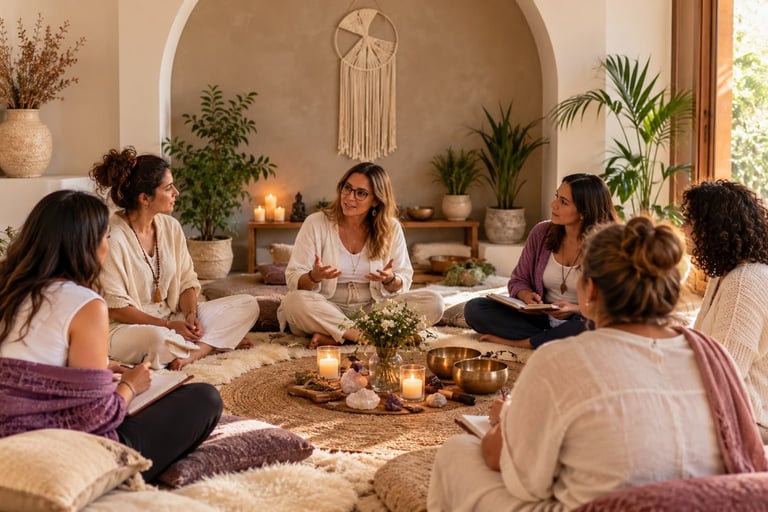 Group of women sitting in circle on floor in bohemian-style room with plants, candles, and earth-tone decor during gathering