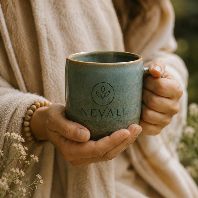 Person in beige sweater holding green ceramic mug with NEVALI logo and plant symbol, wearing beaded bracelet